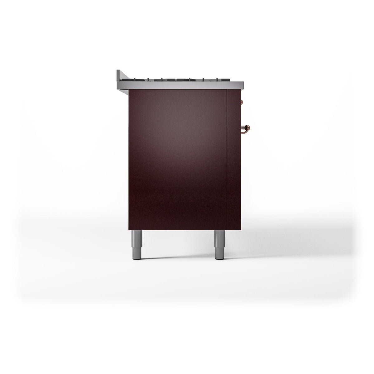 ILVE dual fuel range side panel in burgundy with vented top and adjustable feet