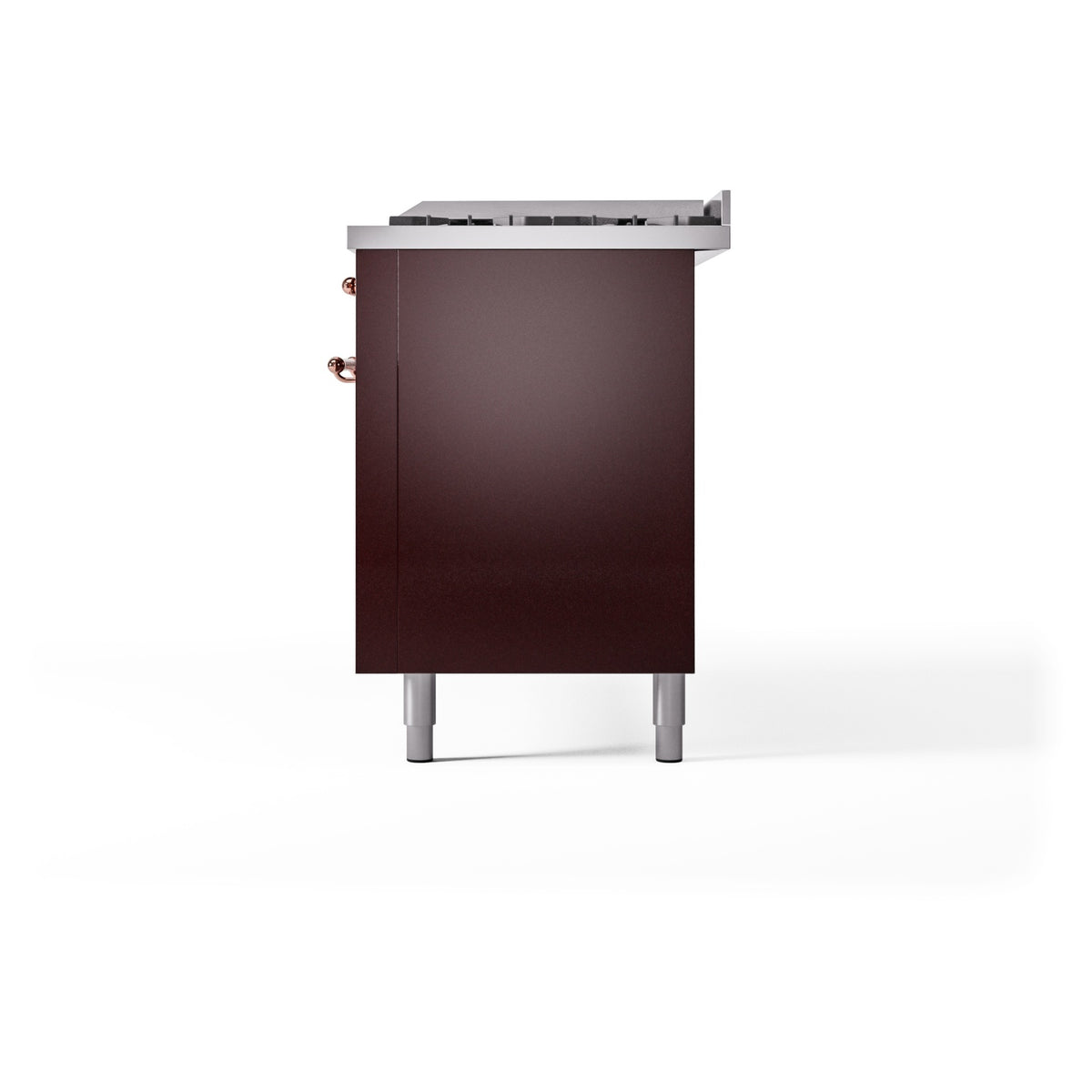 Burgundy range rear view with vented top and supported legs; copper corner details