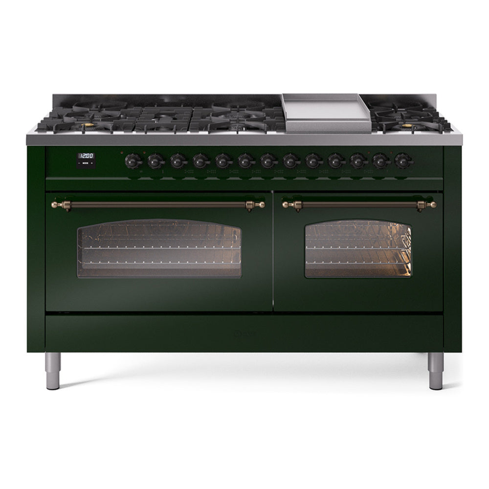 Emerald green gas range with nine burners, griddle, and triple glass oven doors