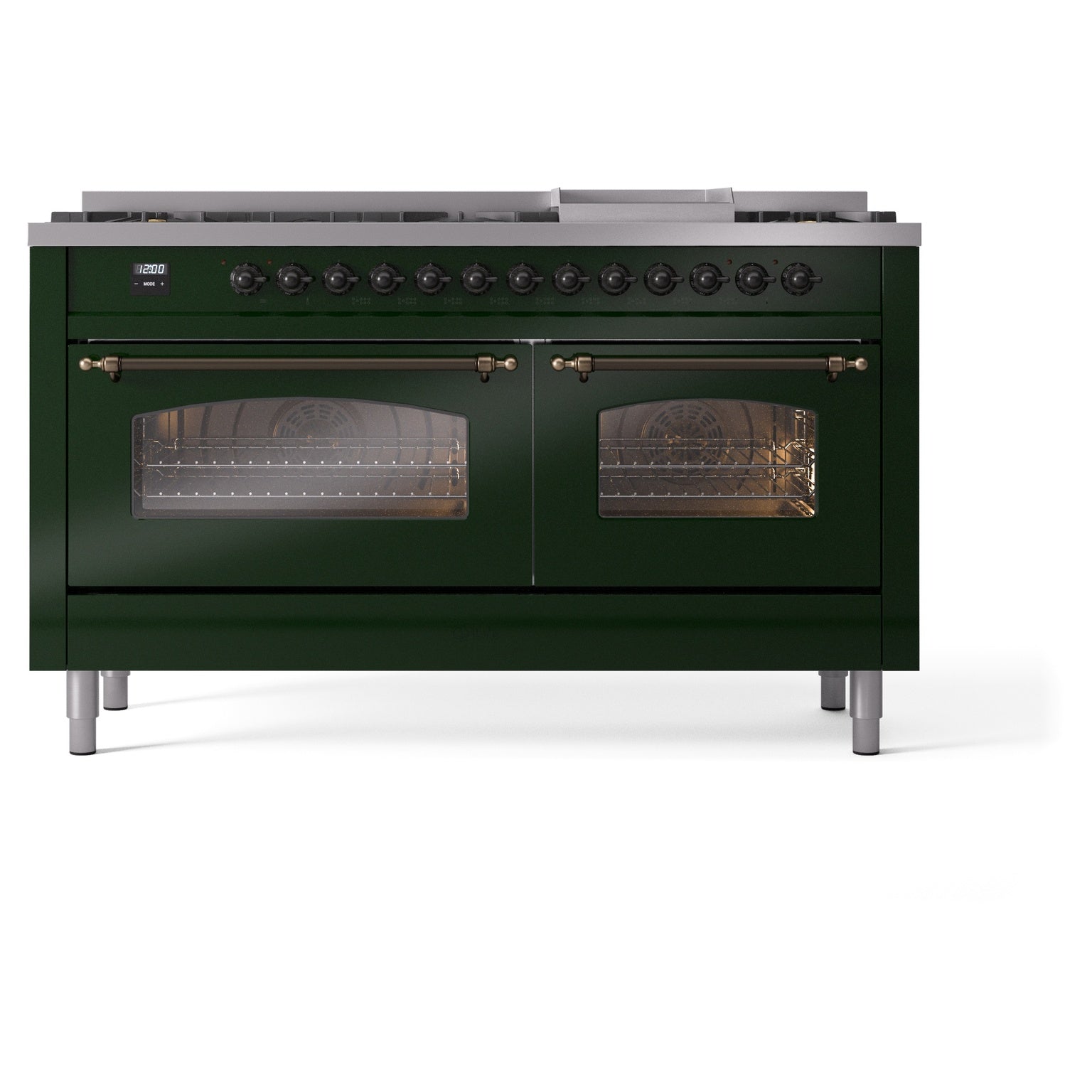 Emerald green range front with burner knobs and two oven windows behind glass doors