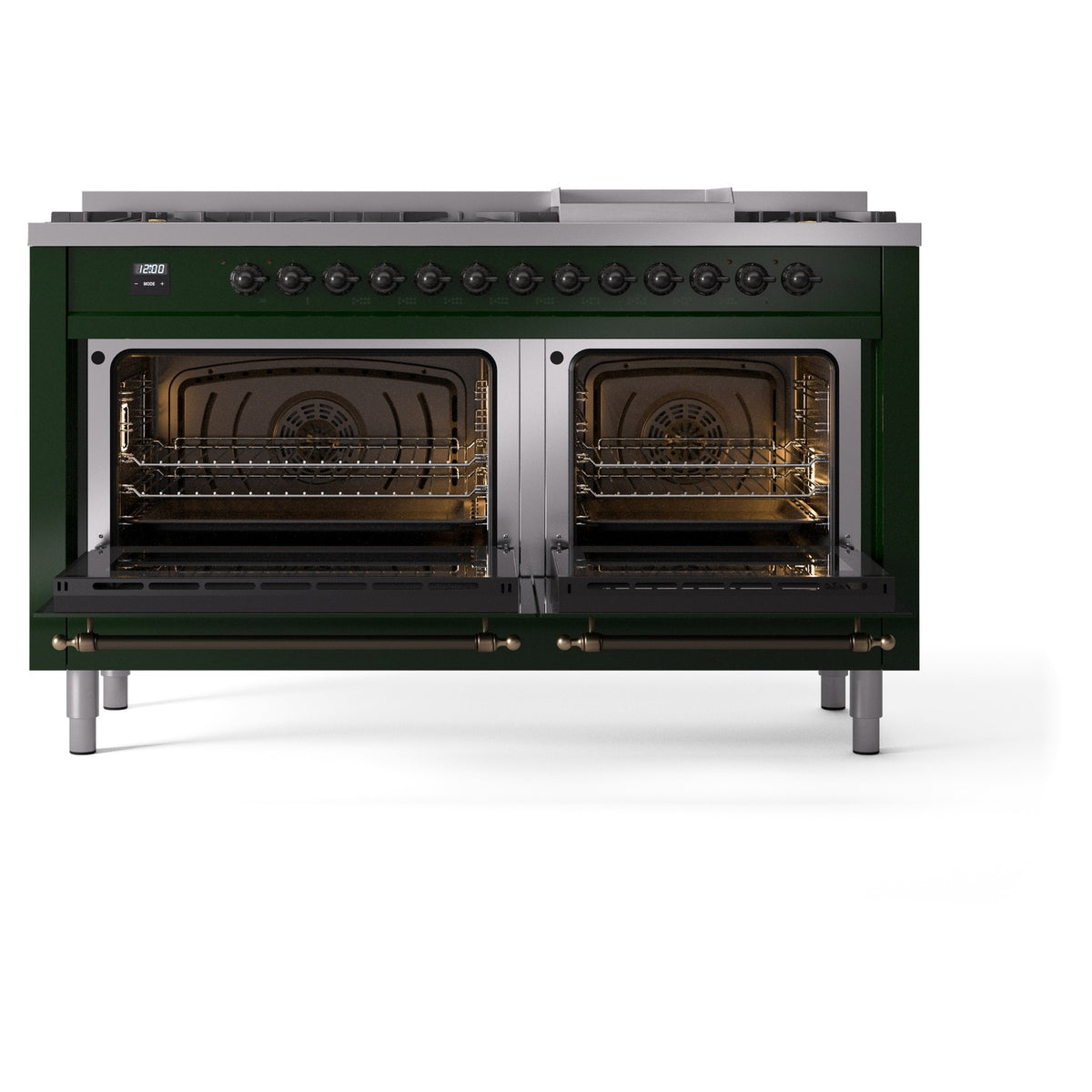 Dual-fuel range with both oven doors open, showing racks and convection fan