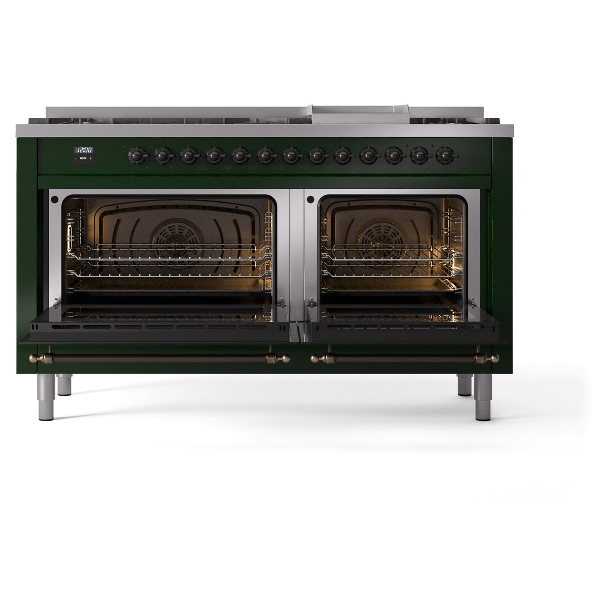 Emerald green range with two oven doors open showing racks and interior heating elements