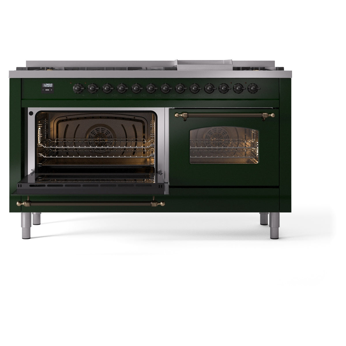 Dual-fuel range with one oven door open and the other closed, both with glass