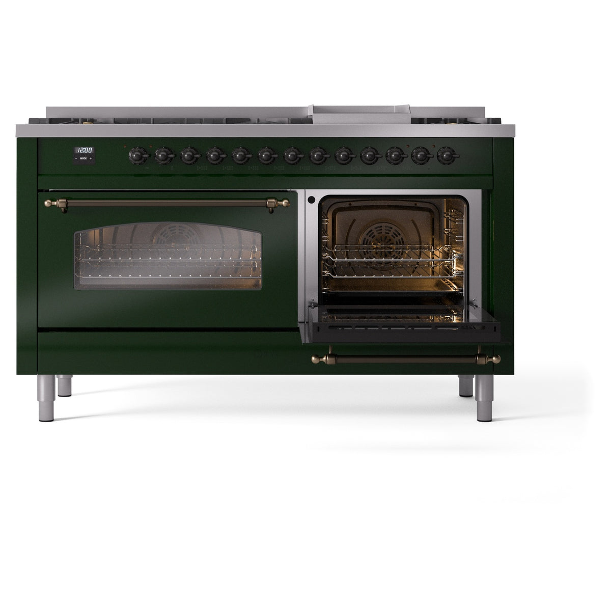 Emerald green dual-fuel range with both oven doors open, showing racks and fan