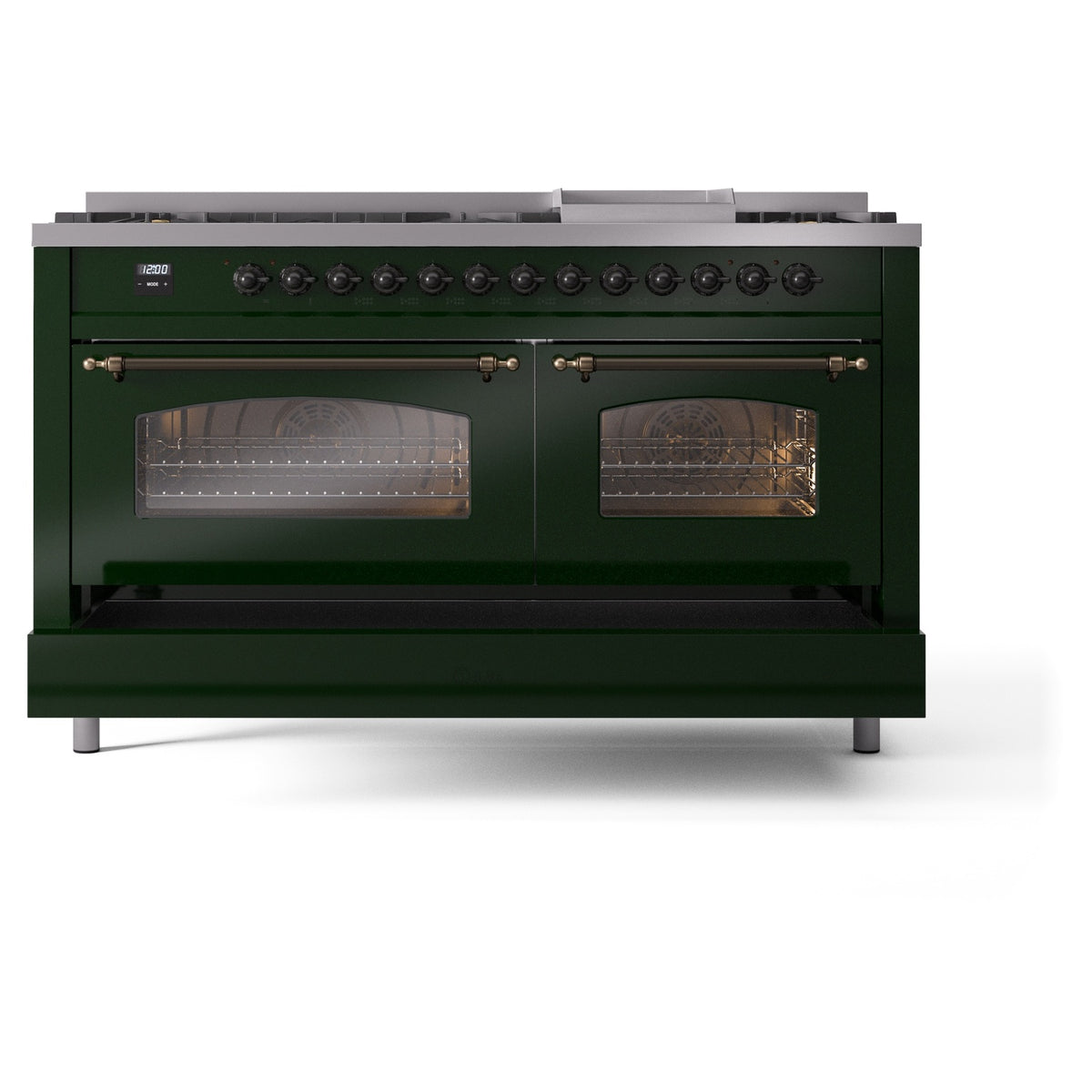 Emerald green dual fuel range with bronze trim, dual ovens and control knobs