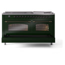 ILVE 60-Inch Nostalgie II Propane Gas Dual Fuel Range with 9 Burners, Griddle and Triple Glass Door Oven in Emerald Green with Bronze Trim (UP60FNMPEGBLP)