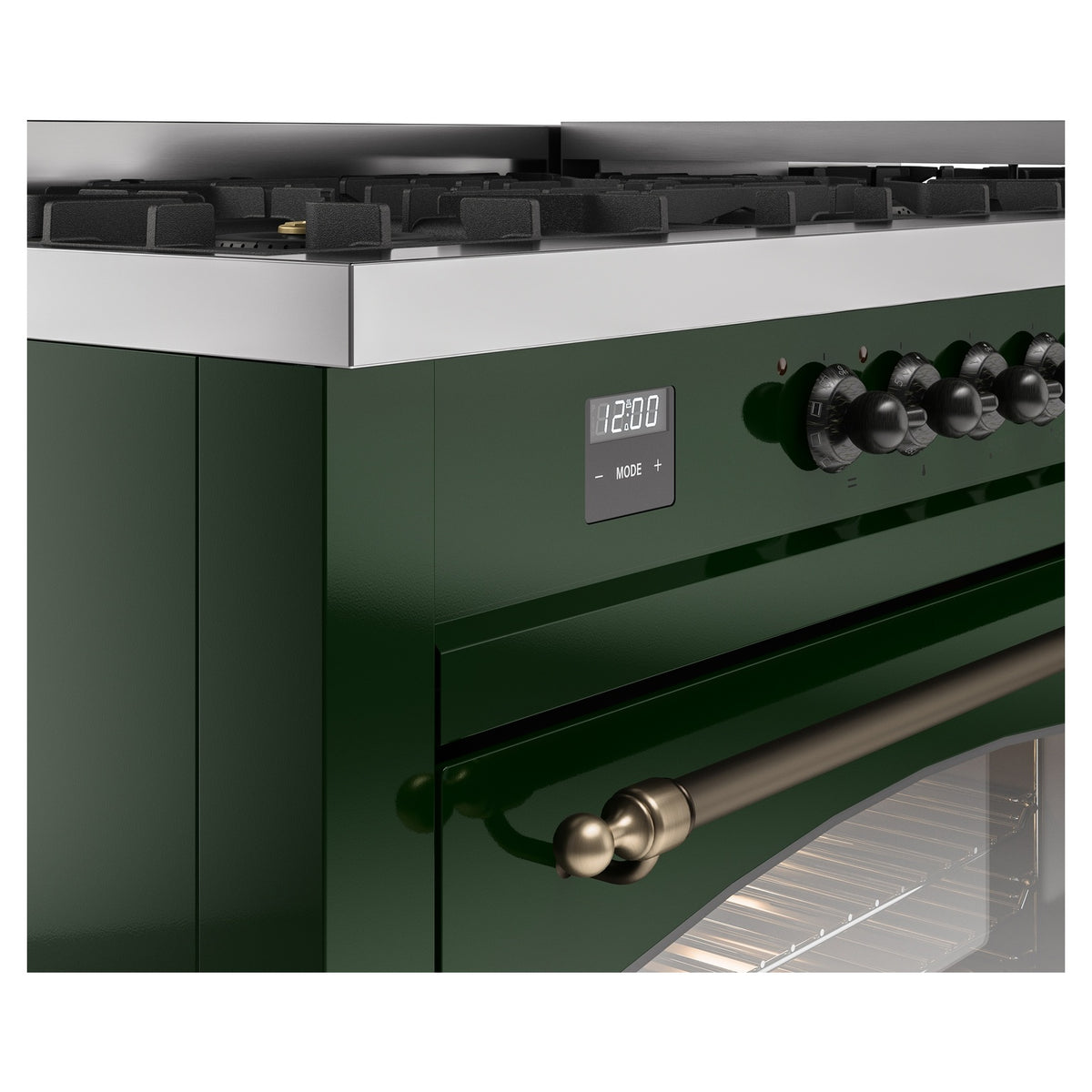 Emerald green dual-fuel range control panel with bronze knobs and pull handle detail