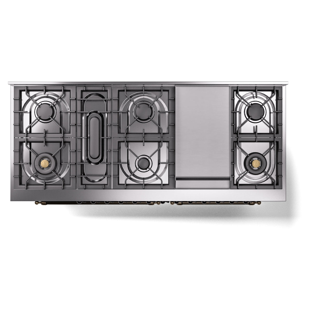 Emerald green dual-fuel range cooktop with multiple gas burners and griddle