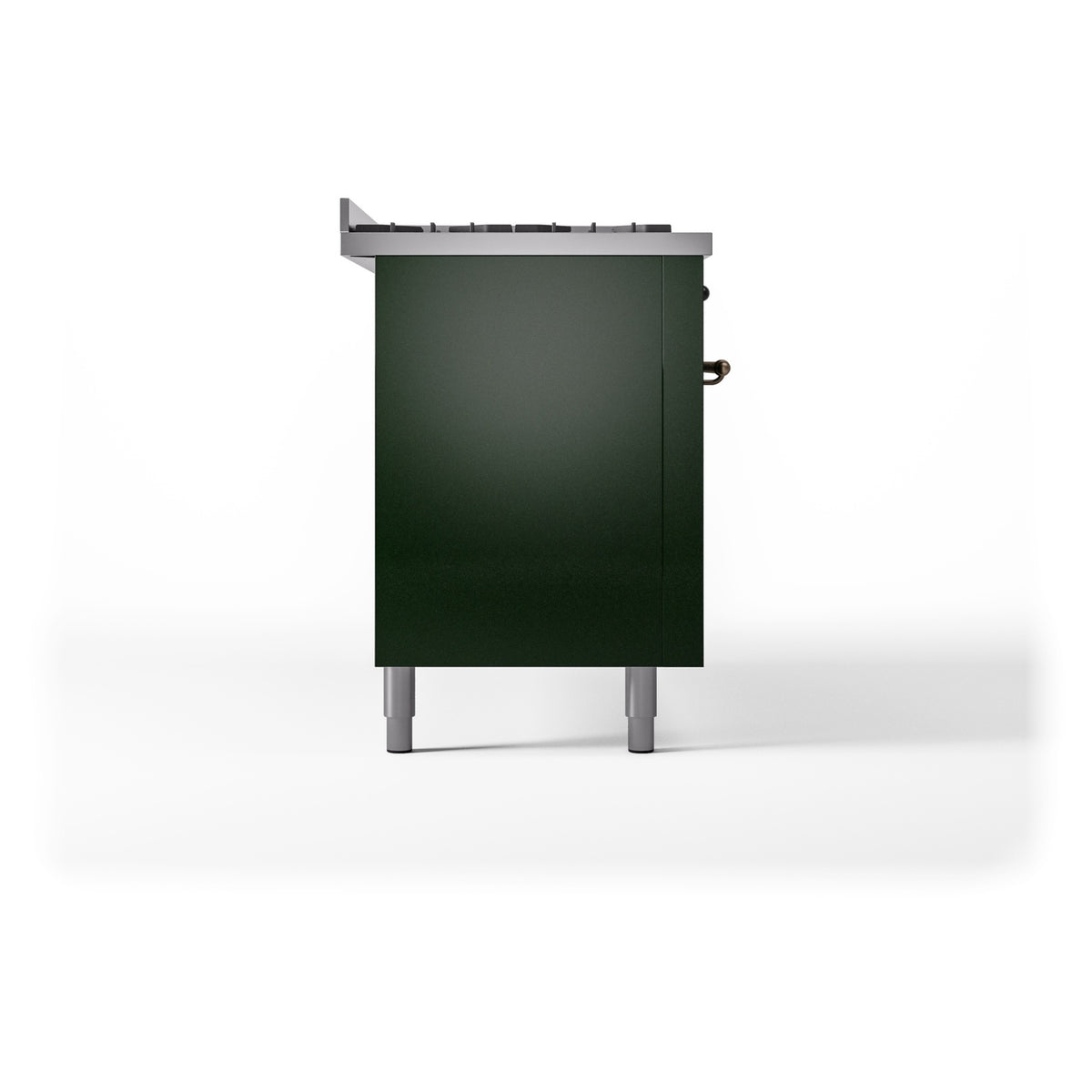 Emerald green dual-fuel range side panel with metal legs and rear fittings