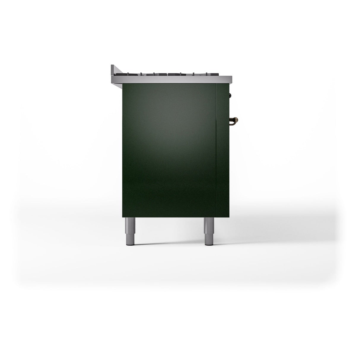 Emerald green range cabinet side view with rear fittings and gray leveling feet