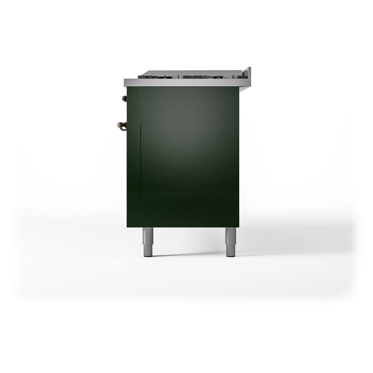 Emerald green dual-fuel range side profile with metal legs and rear fittings