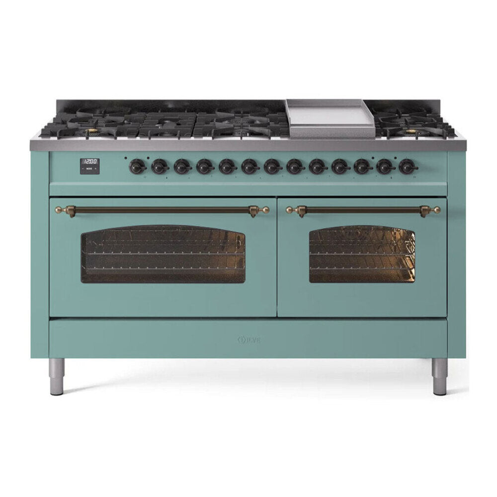 ILVE 60-Inch Nostalgie II Propane Gas Dual Fuel Range with 9 Burners, Griddle and Triple Glass Door Oven in Mediterranean Mint with Burnished Bronze Trim (UP60FNMPMMBLP)