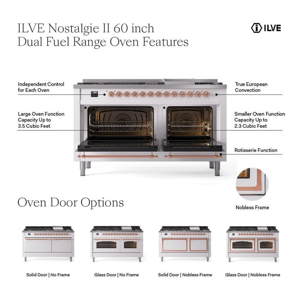 ILVE Nostalgie II 60-Inch Freestanding Natural Gas Dual Fuel Range in Mediterranean Mint with Chrome Trim (UP60FNMPMMC)