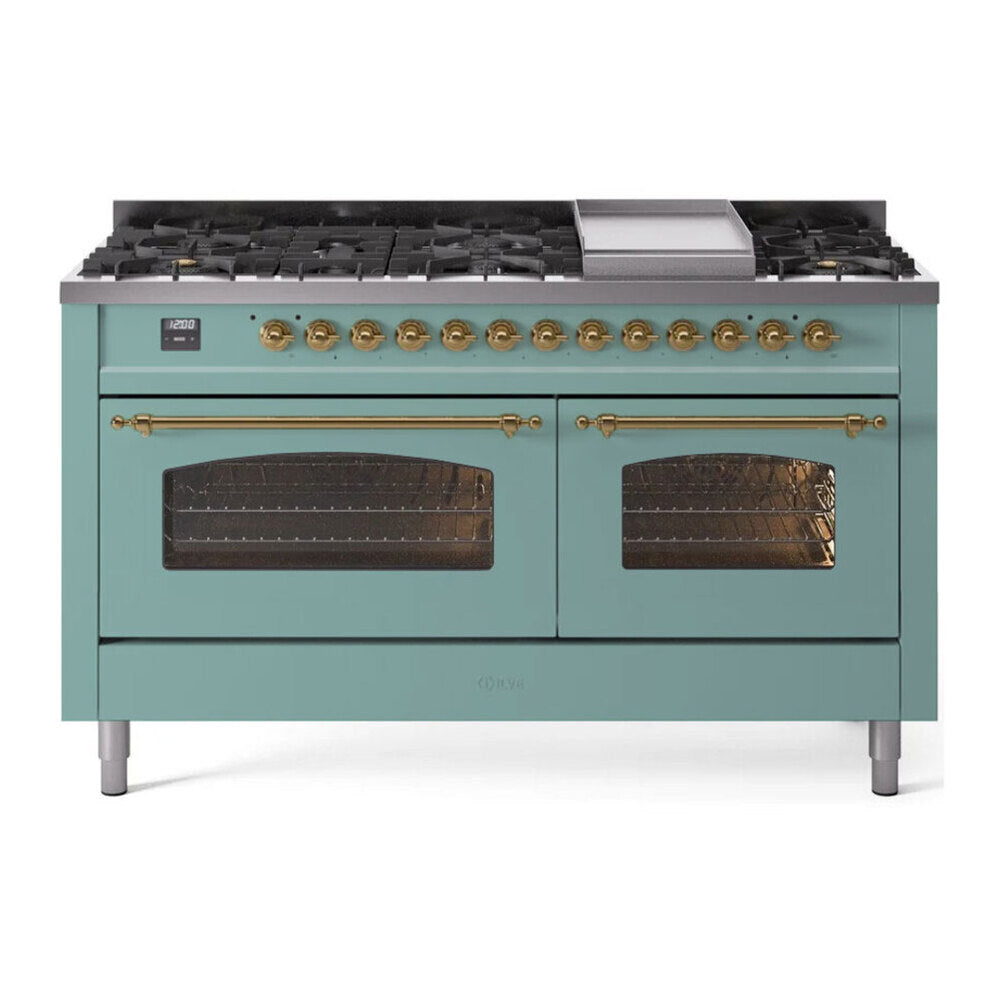 ILVE Nostalgie II 60-Inch Freestanding Propane Gas Dual Fuel Range in Mediterranean Mint with Brass Trim (UP60FNMPMMGLP)
