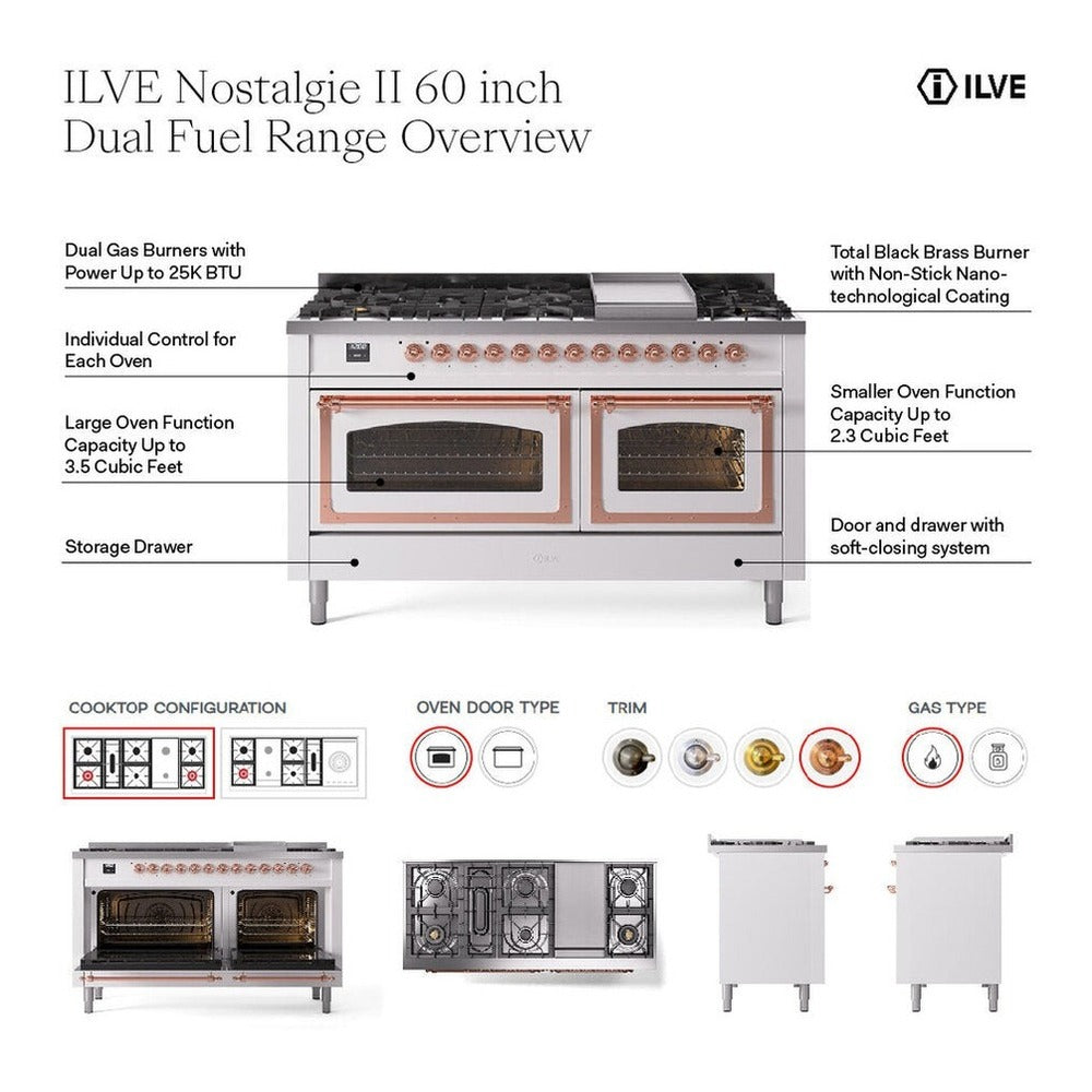 ILVE Nostalgie II 60-Inch Freestanding Natural Gas Dual Fuel Range in Mediterranean Mint with Brass Trim (UP60FNMPMMG)
