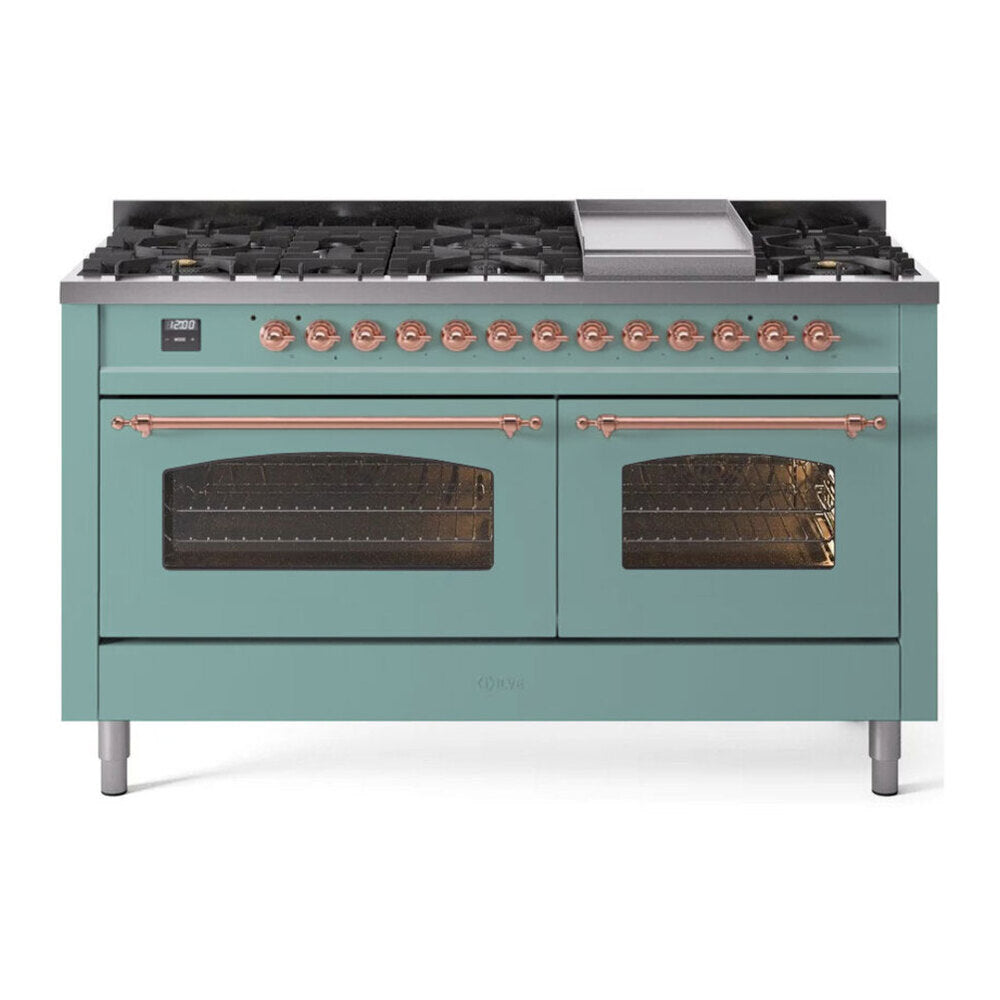 ILVE 60-Inch Nostalgie II Natural Gas Dual Fuel Range with 9 Burners, Griddle and Triple Glass Door Oven in Mediterranean Mint with Copper Trim (UP60FNMPMMP)