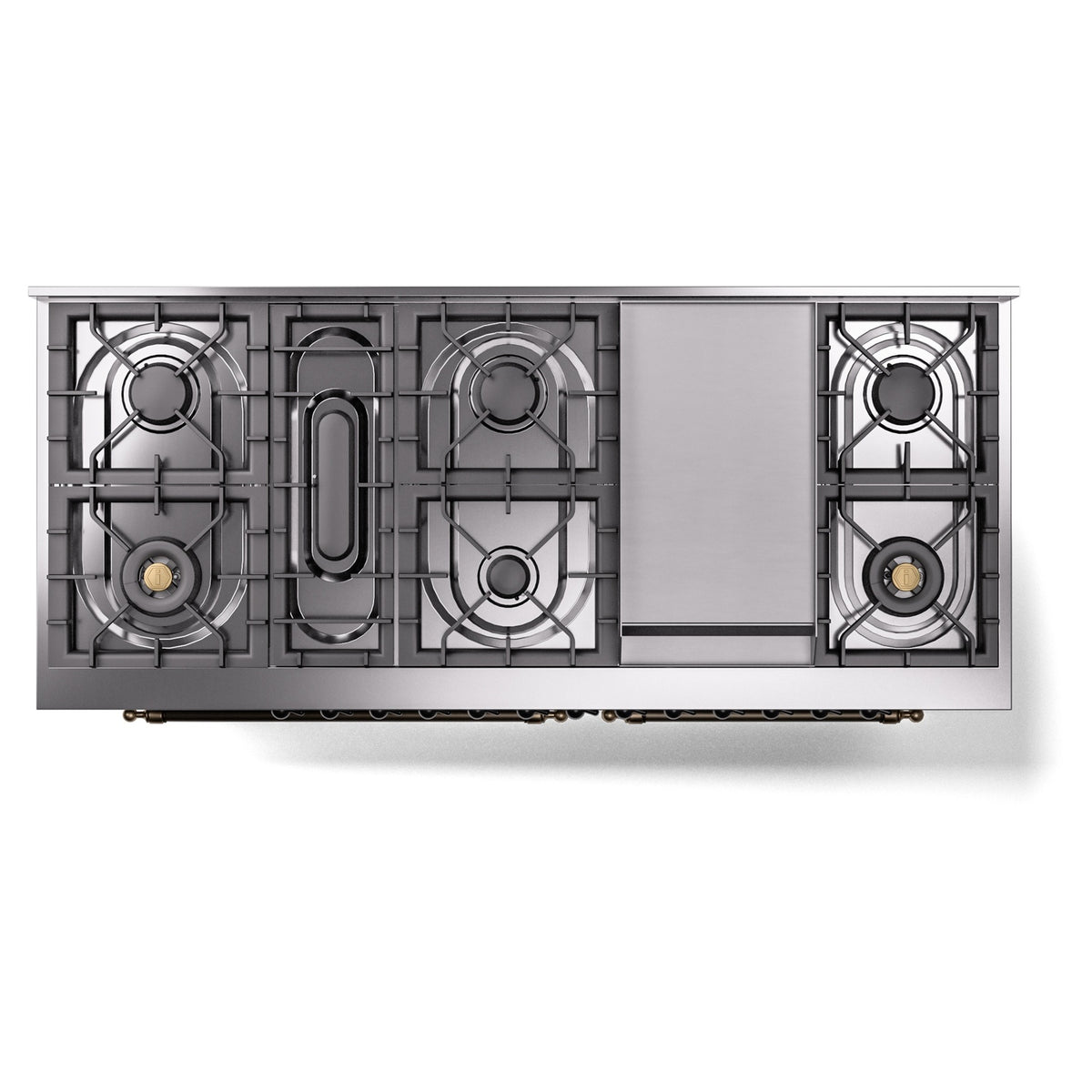 Dual fuel range top view with multiple gas burners and a center griddle panel