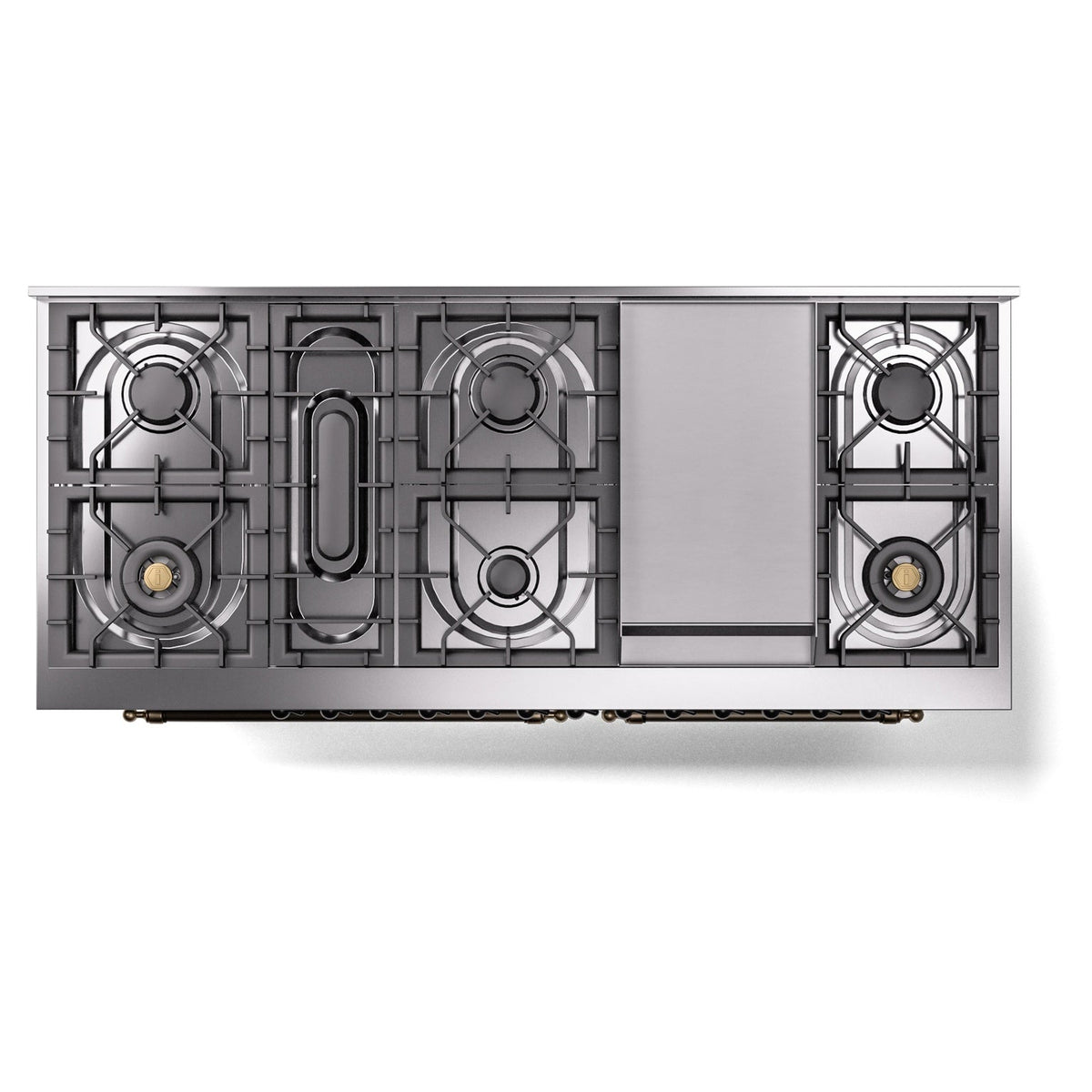 Front view of 9-burner cooktop with griddle section and bronze-trim knobs on a white range