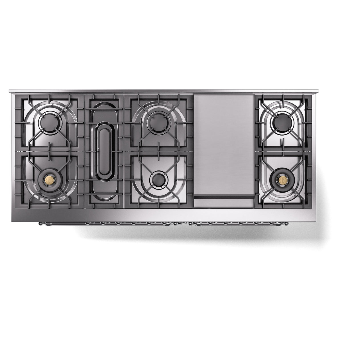Dual fuel gas range cooktop with five burner grates and chrome control frame