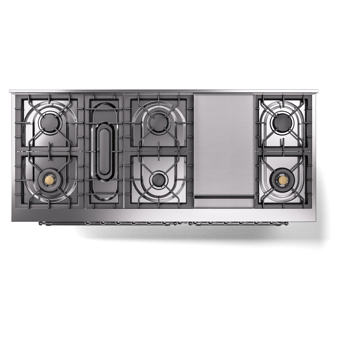 ILVE dual fuel range underside view with gas burner grates and central control panel