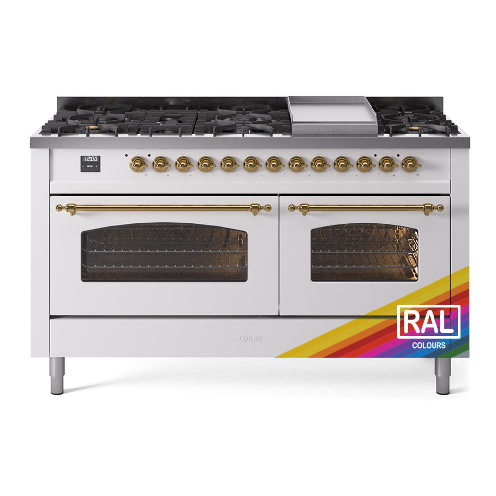 White dual fuel range with brass trim, griddle, and triple-glass oven doors