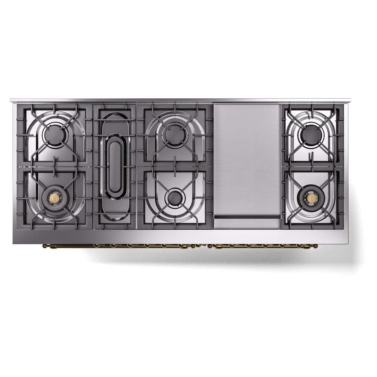 Gas dual-fuel range cooktop with multiple burners and brass-trim control area