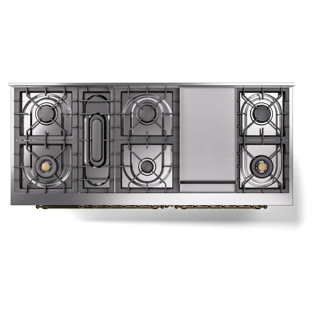 White cooktop range with four front burner grates and brass trim bar
