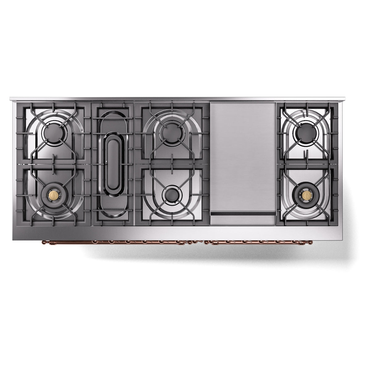 Dual fuel gas range with copper-trim burner grates and front control panel