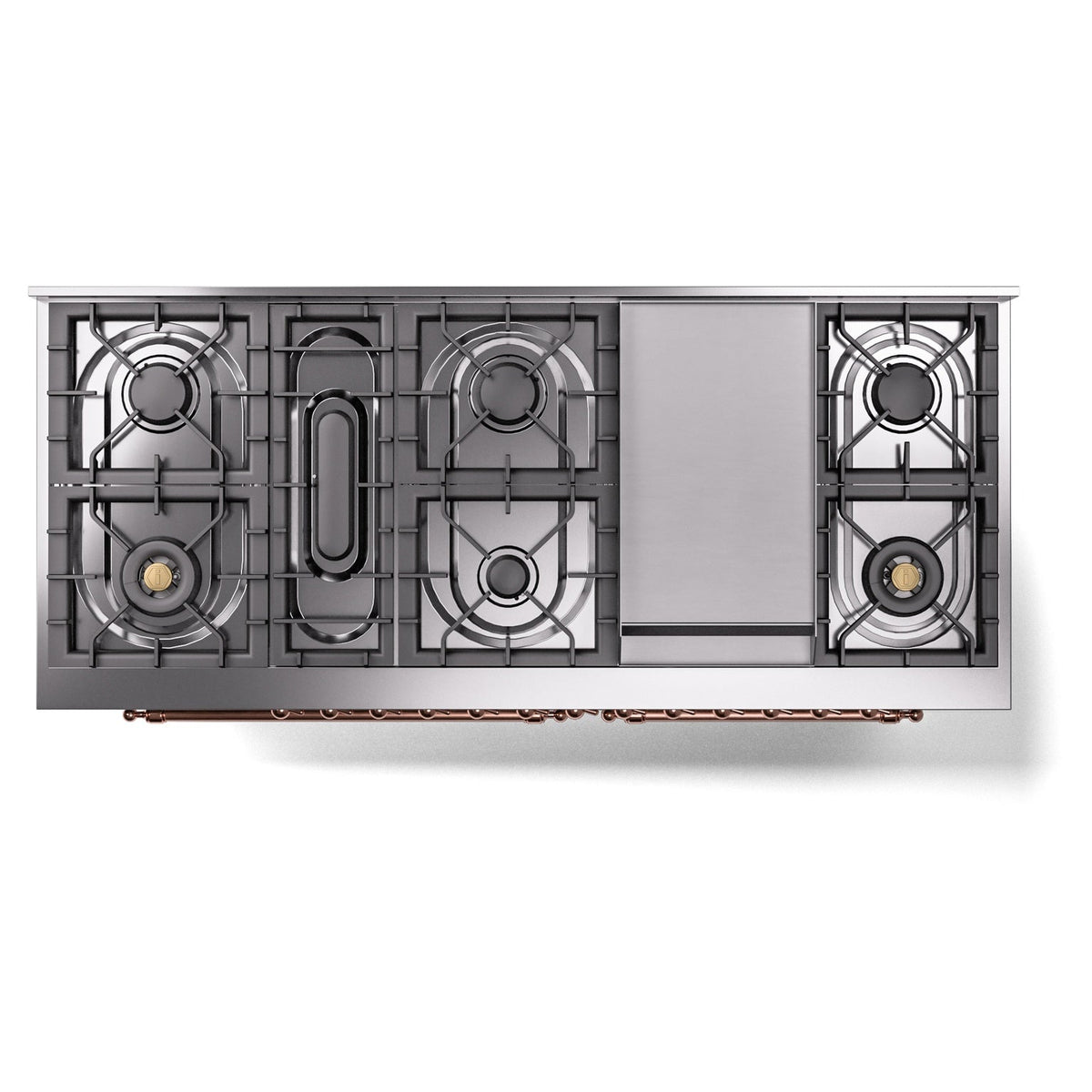 Dual fuel range burner grates layout view with black controls and copper strip
