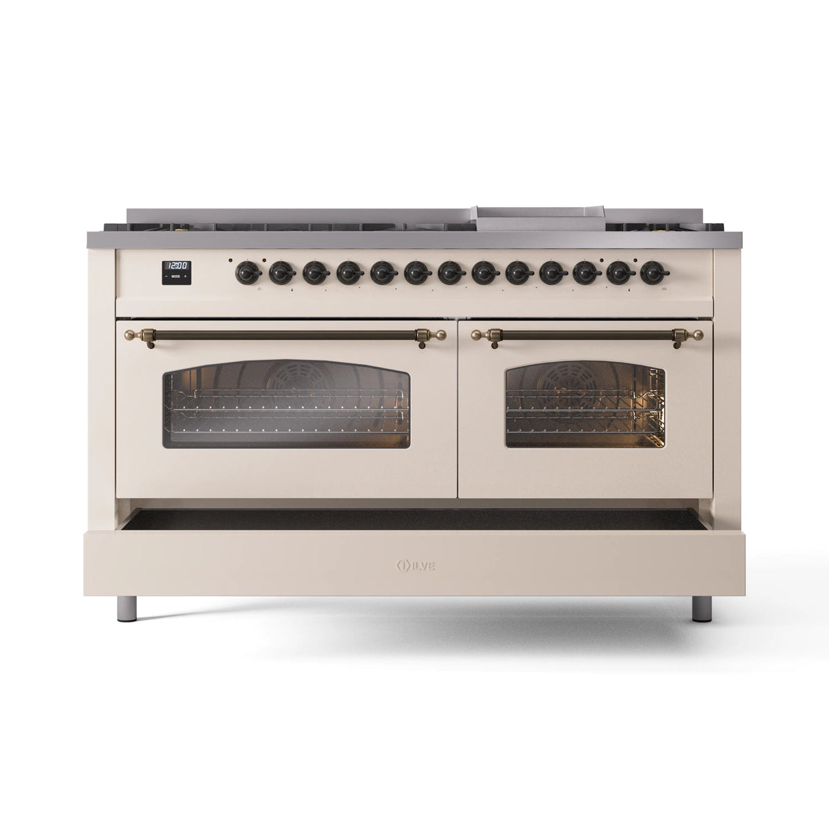 Antique white dual fuel range with both ovens closed and bronze-trimmed handles, glass windows
