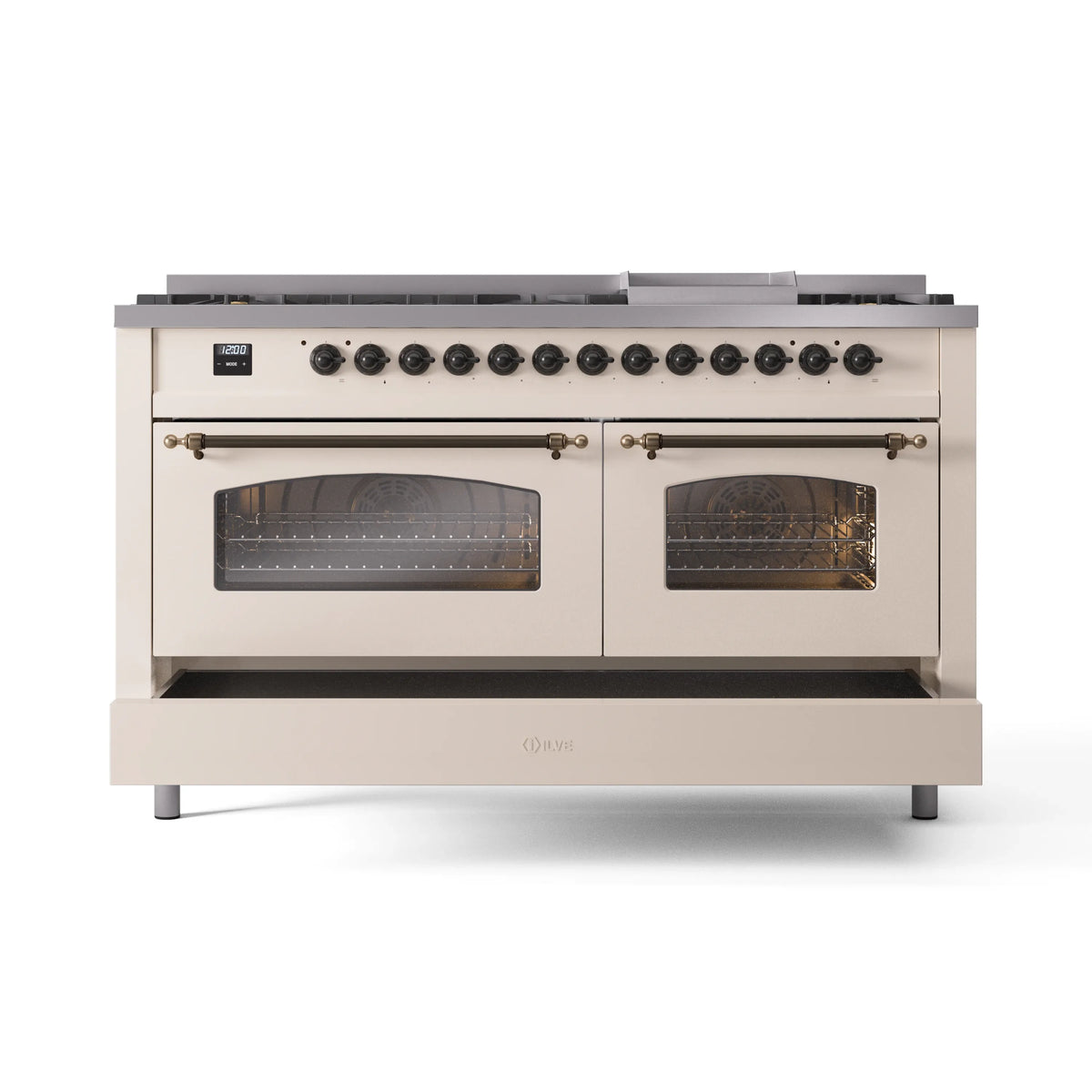 Antique white dual fuel range with bronze trim, two glass oven doors and front rail handles