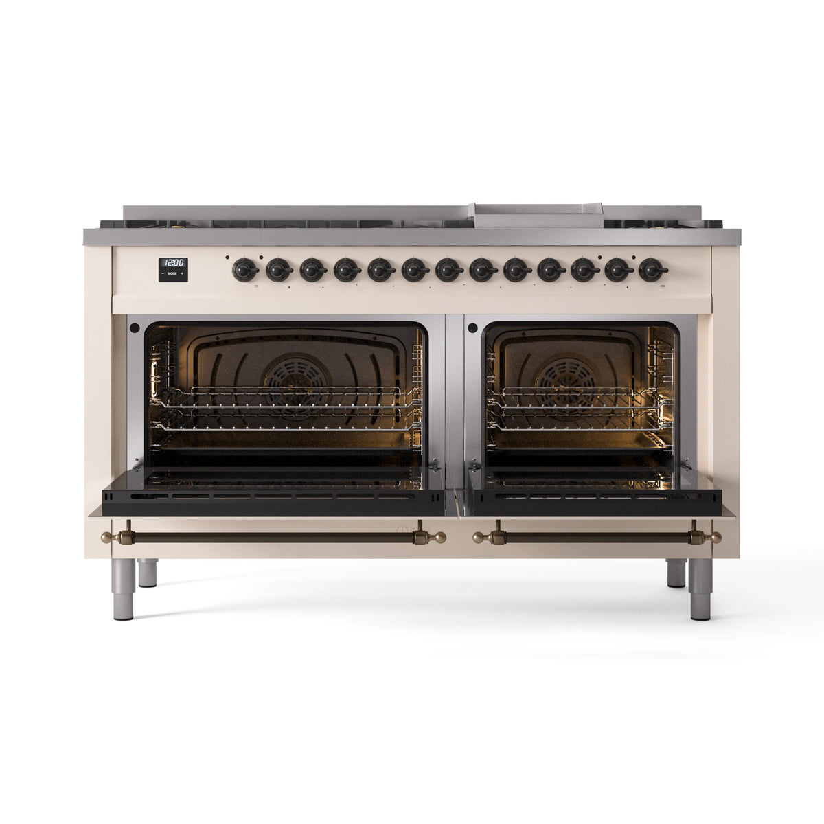 Antique white dual fuel range with bronze trim, two open ovens showing racks inside