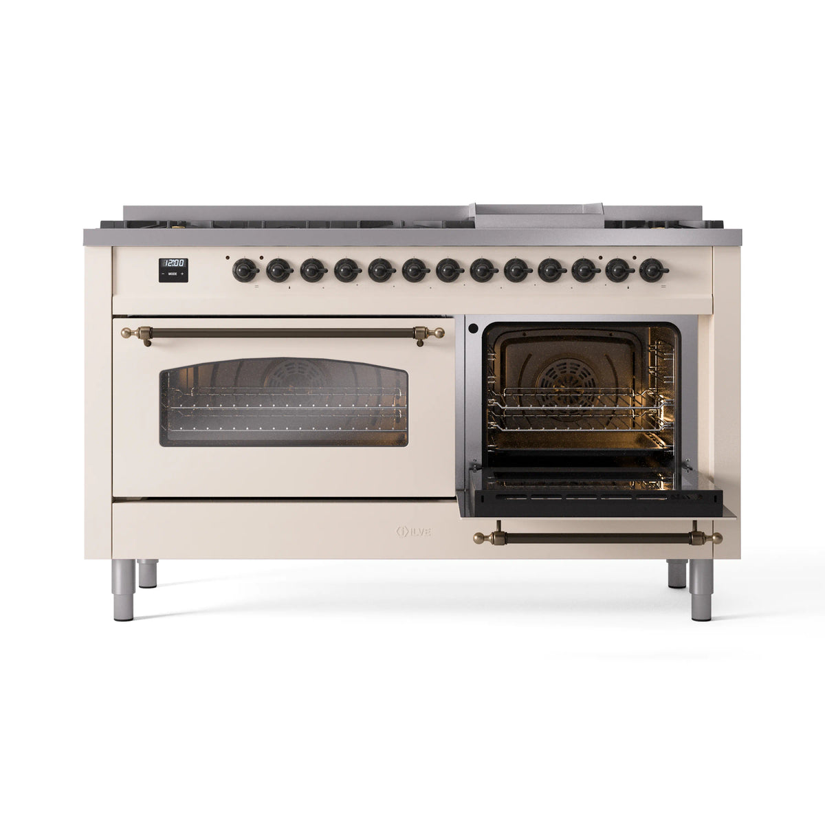 Antique white dual fuel range with open ovens and bronze-trimmed handles, 9-burner top