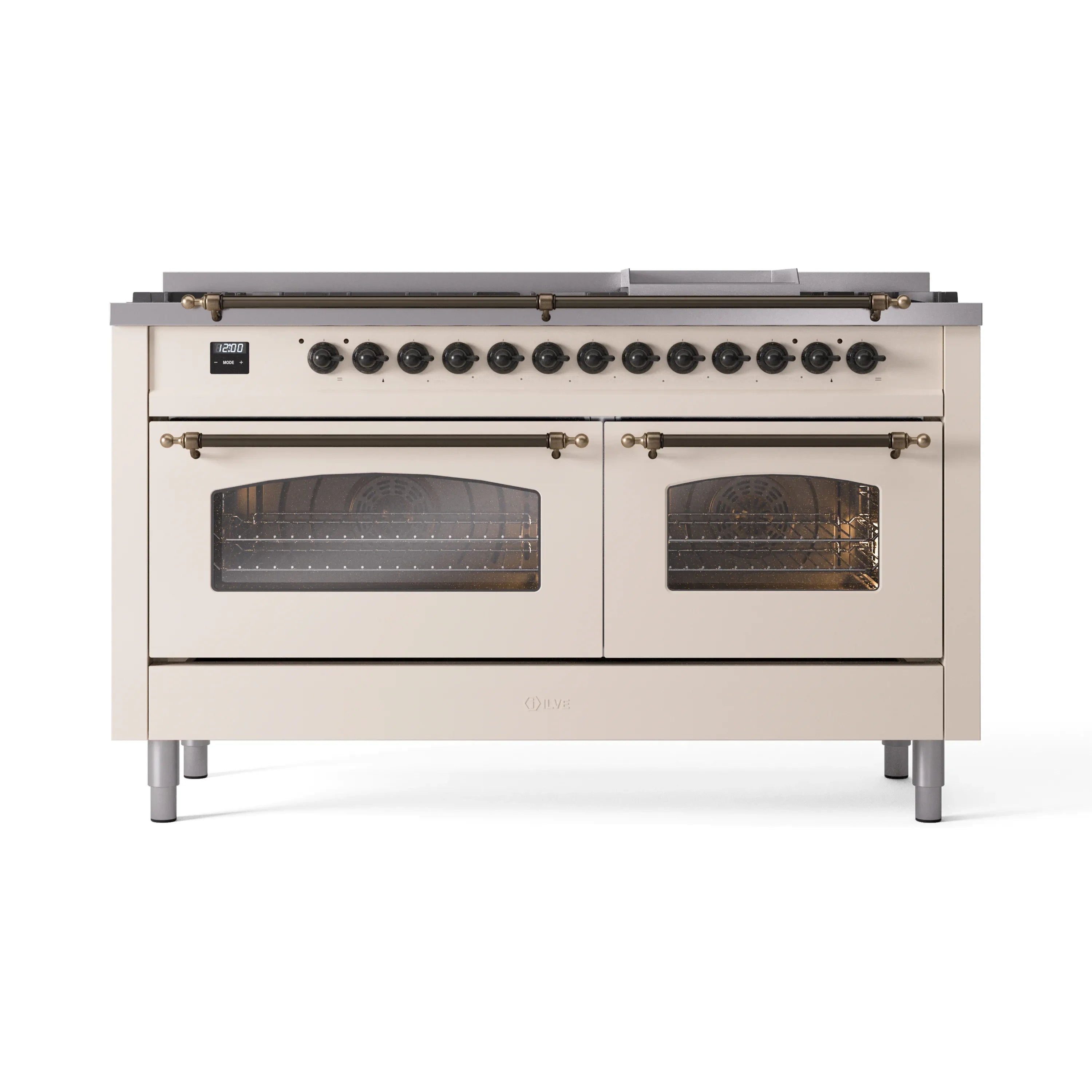Antique white dual fuel range with bronze trim, two glass oven doors and front burner controls