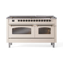 ILVE 60-Inch Nostalgie II Propane Gas Dual Fuel Range with 9 Burners, Griddle and Triple Glass Door Oven in Antique White with Bronze Trim (UP60FNMPAWBLP)