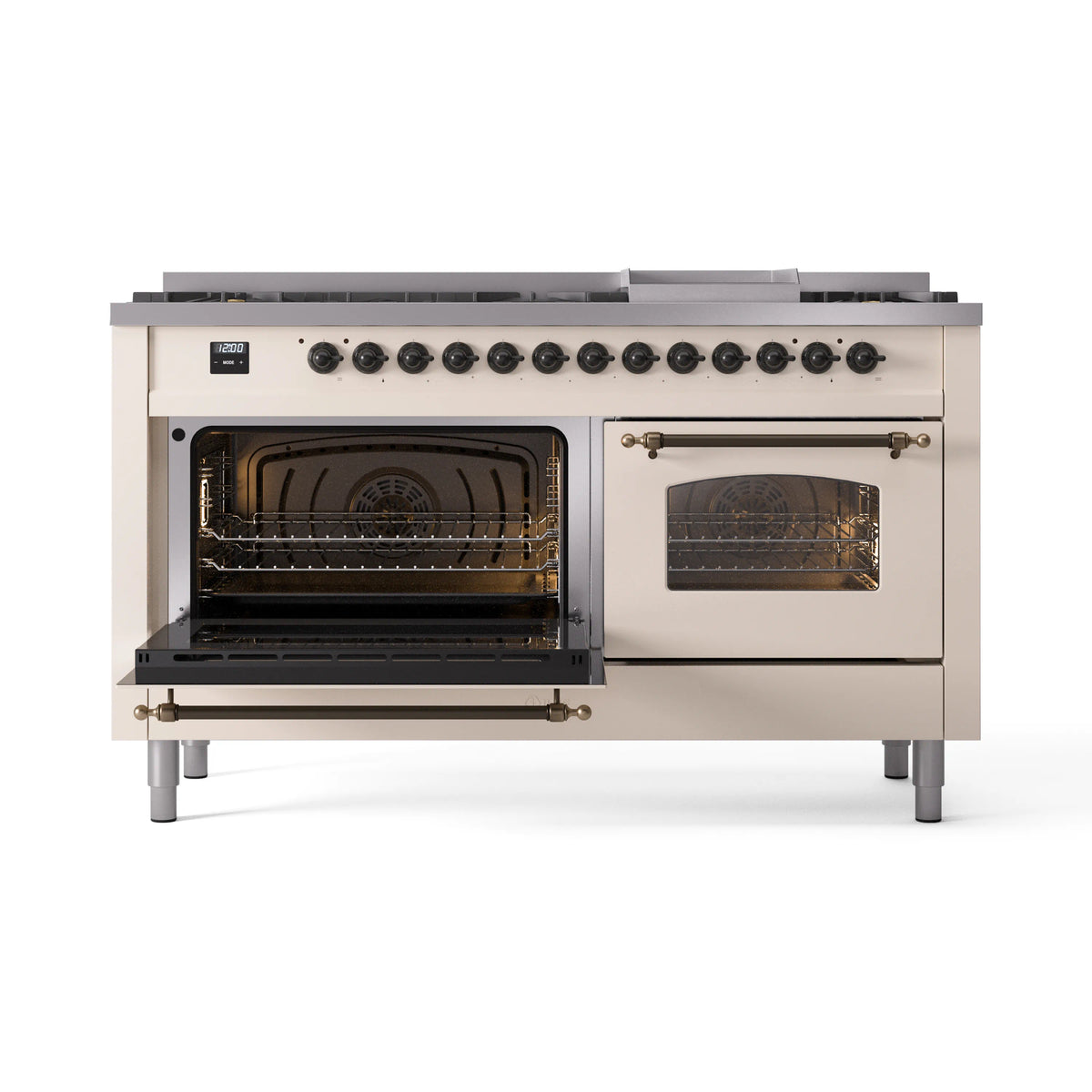 Antique white dual fuel range with bronze trim, left oven open and right oven lit through glass
