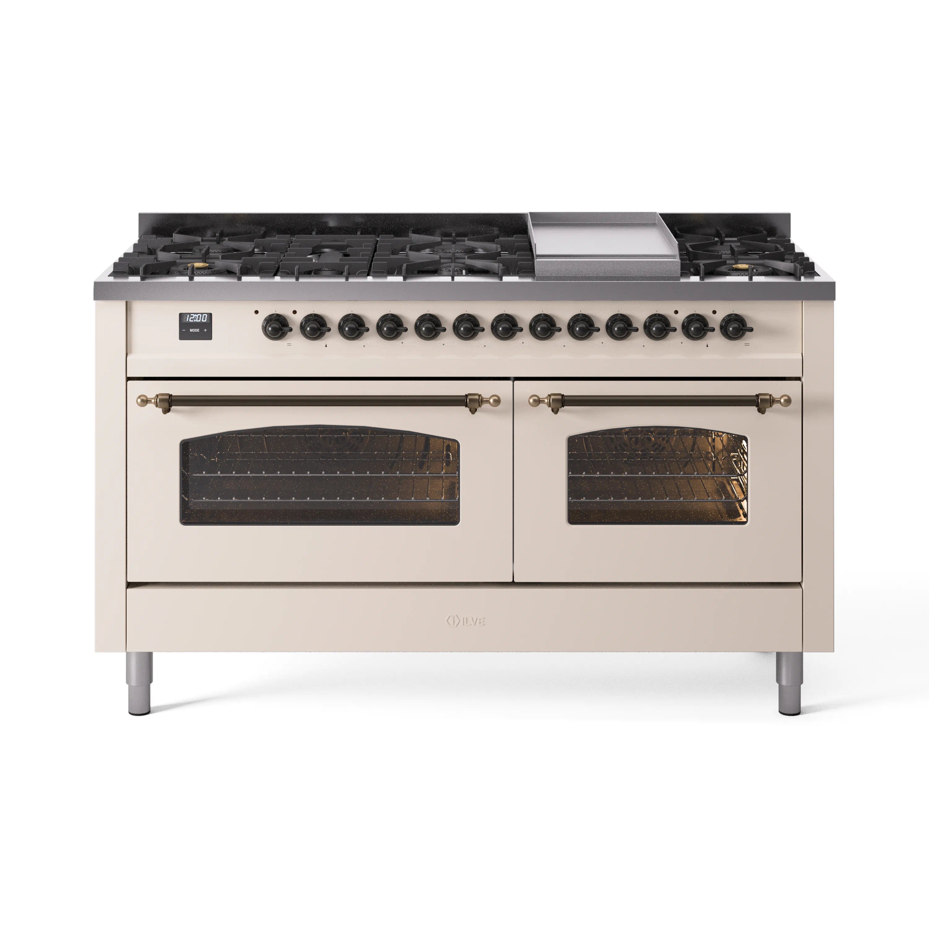 Antique white dual fuel range with bronze trim, multiple burner controls and cooktop