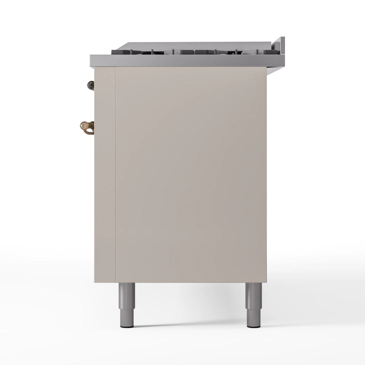 Antique white gas range back panel with raised cooktop and side connections, legs visible
