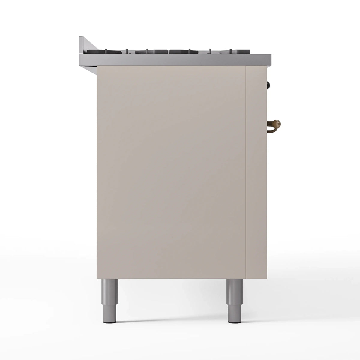 Antique white range back panel with top burner grates and bronze side handle