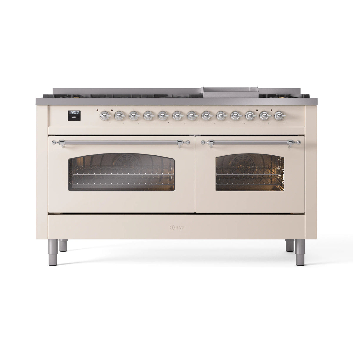 Antique white dual fuel gas range with chrome-trim control knobs and dual oven windows