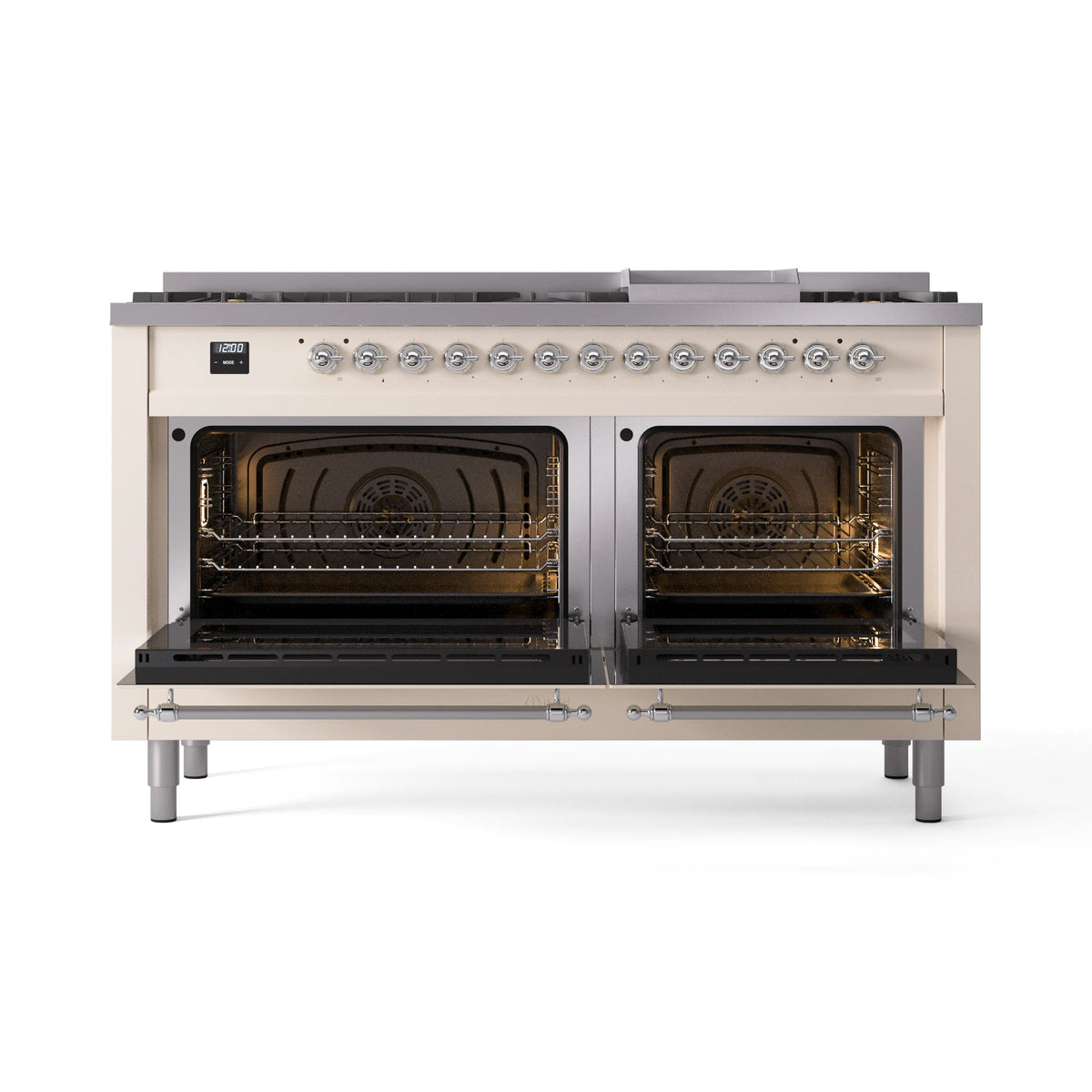 Antique white dual-fuel range with both oven doors open and chrome handles