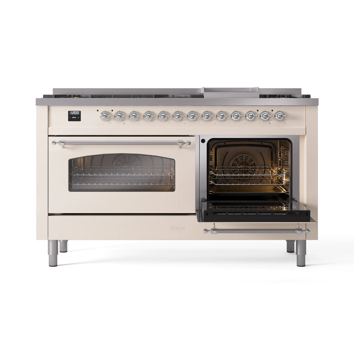 Antique white dual-fuel range with one oven door open and chrome trim knobs
