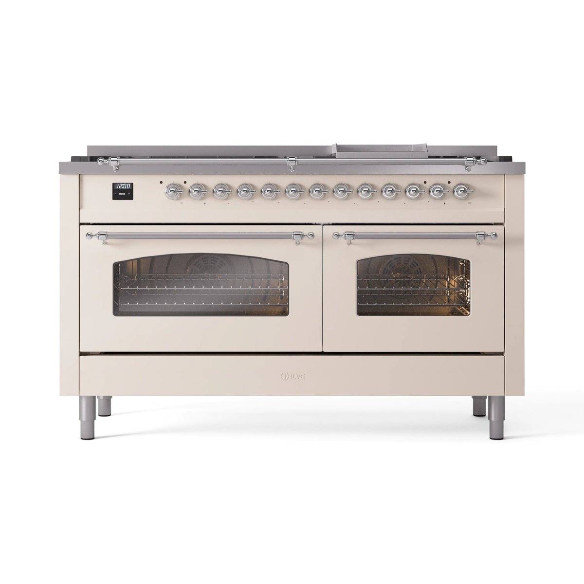 Antique white dual-fuel range with two oven windows closed and chrome control knobs