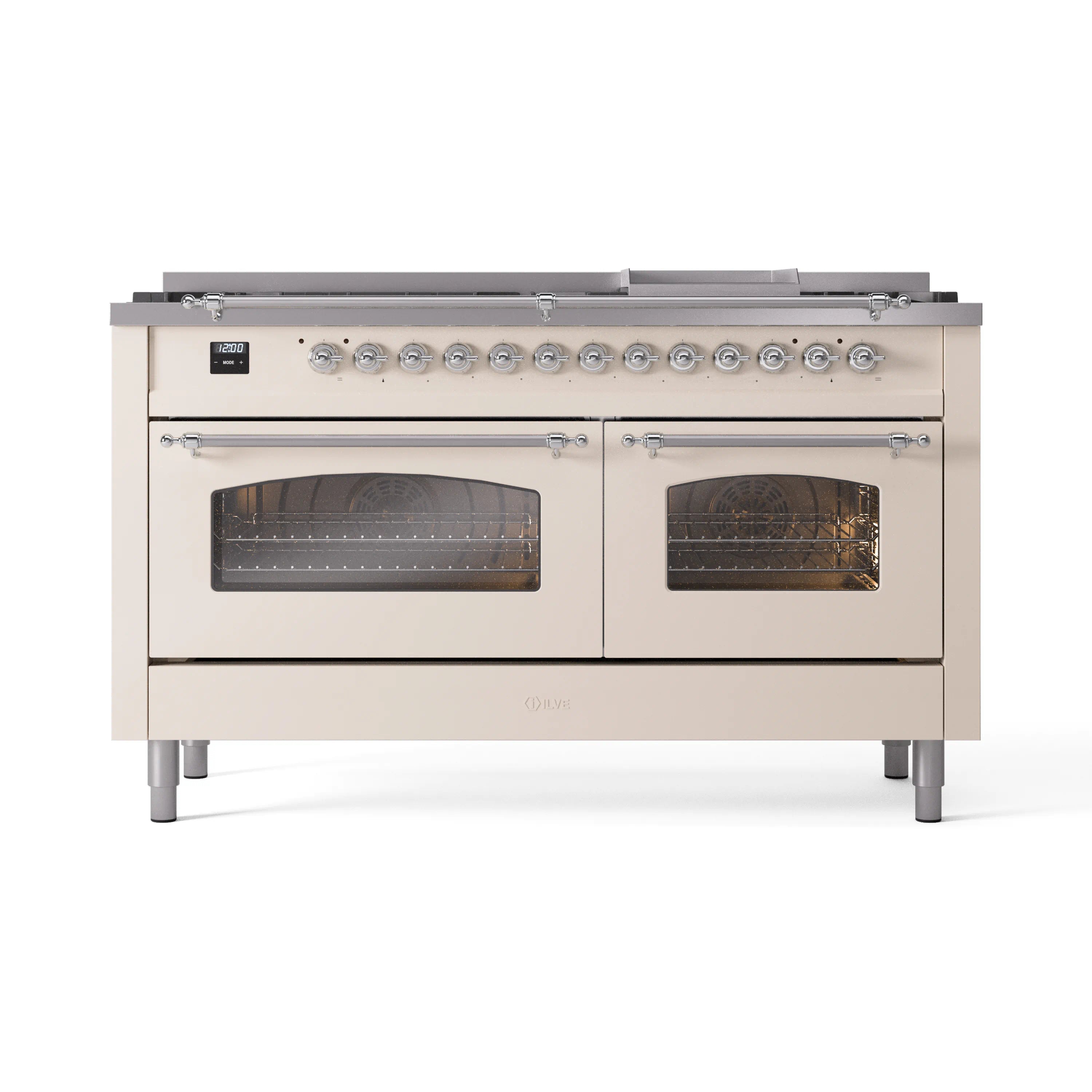 Antique white dual fuel gas range front with 9 burners, griddle, and double oven windows