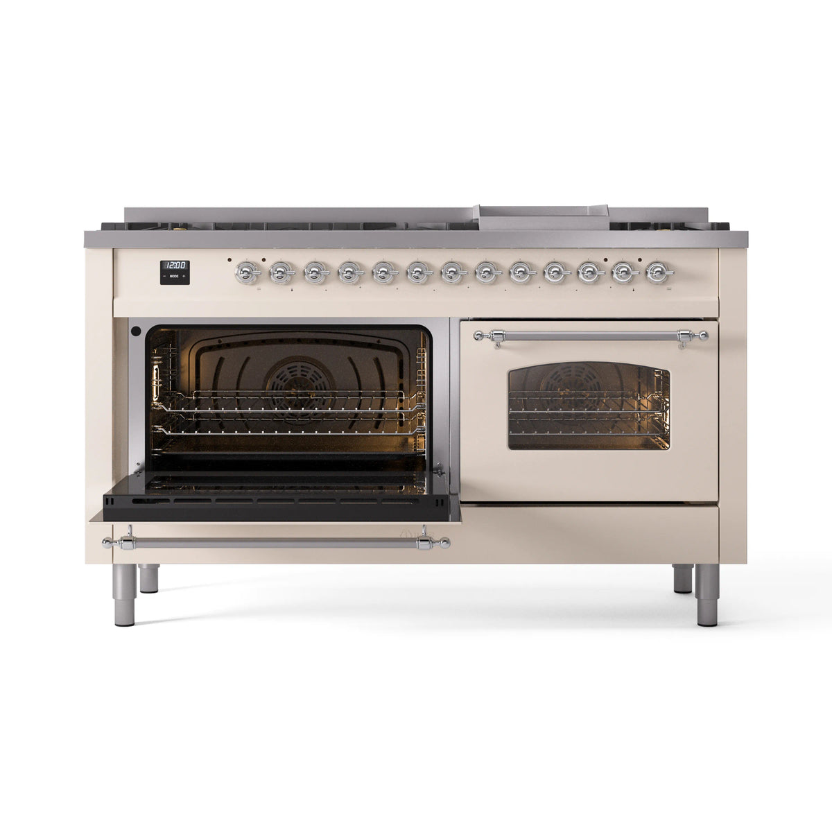 Antique white dual fuel gas range with left oven open and right oven door closed