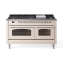 ILVE 60-Inch Nostalgie II Propane Gas Dual Fuel Range with 9 Burners, Griddle and Triple Glass Door Oven in Antique White with Chrome Trim (UP60FNMPAWCLP)