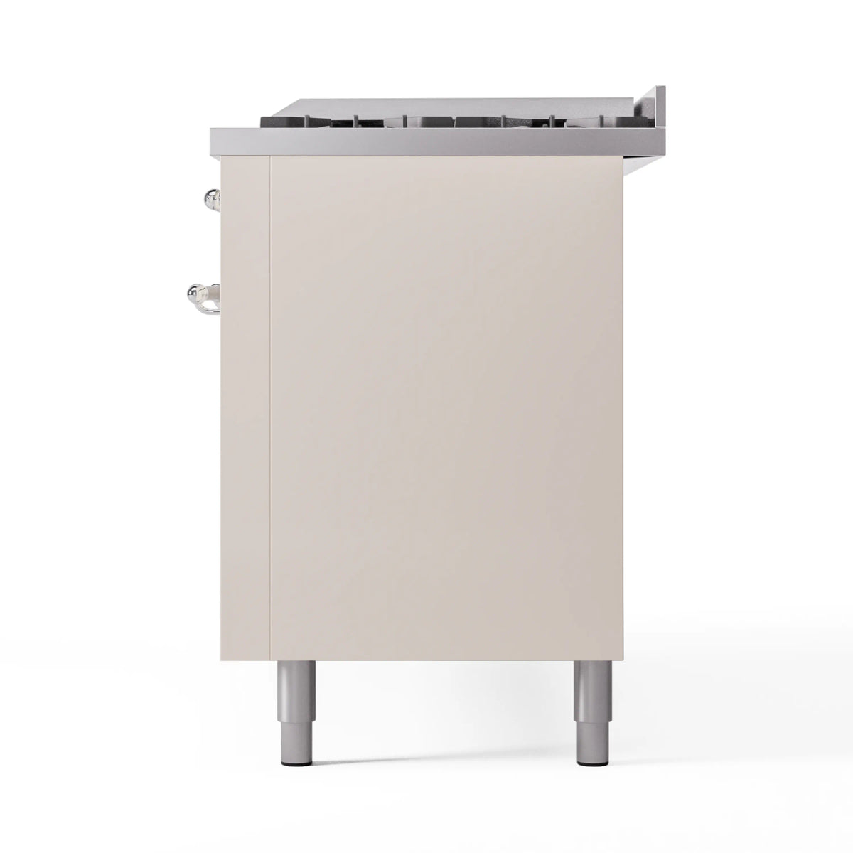 Antique white dual-fuel range back panel with chrome side handles and legs