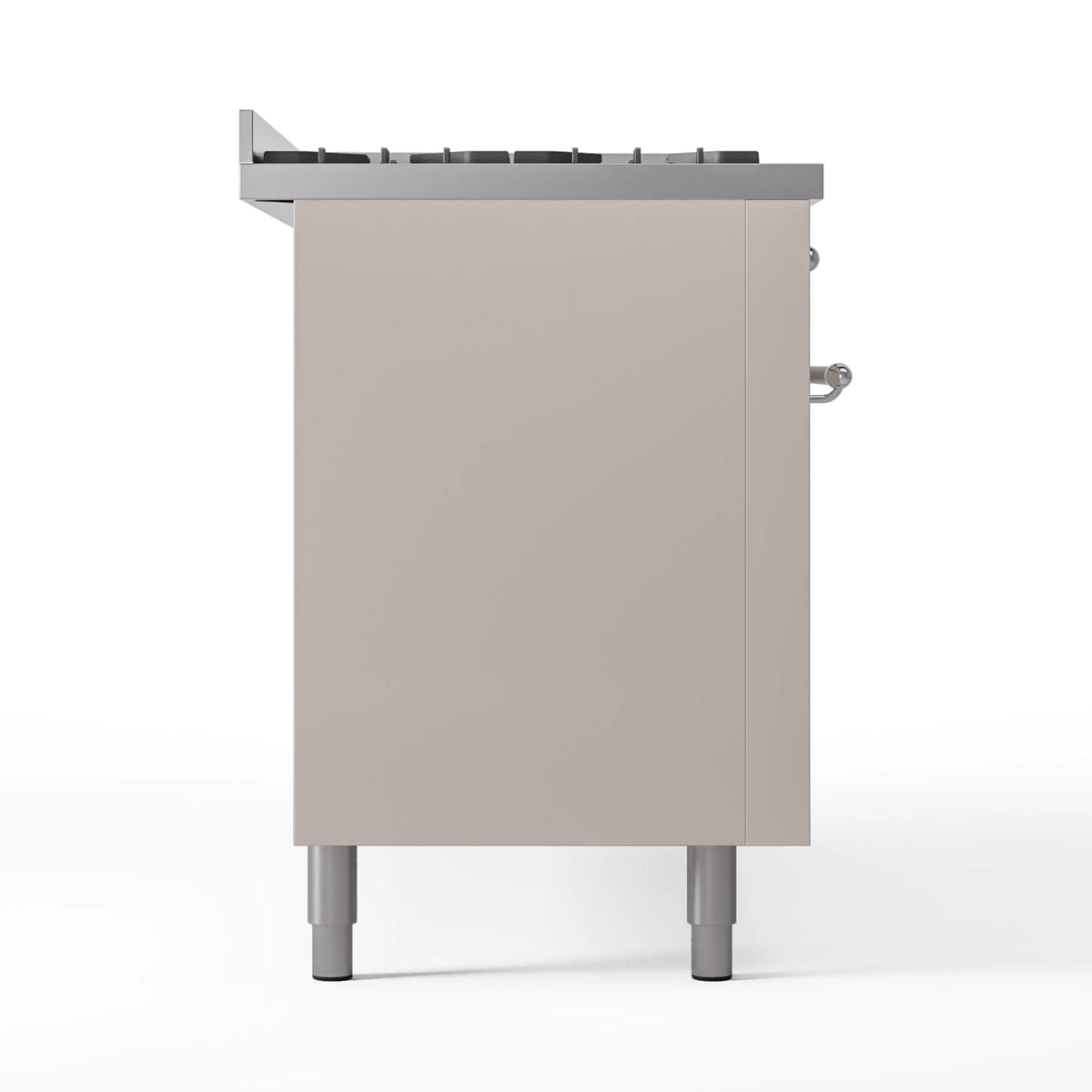 Antique white dual-fuel range side panel with chrome handle and leveling feet
