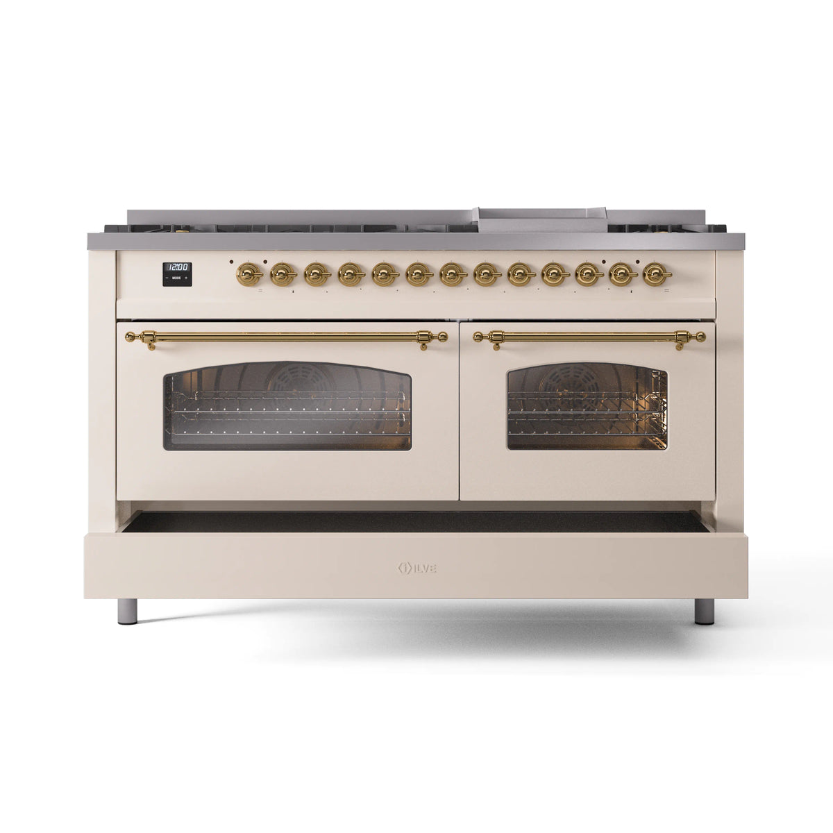 Antique white dual fuel range with brass control knobs and two oven doors