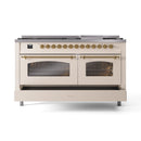 ILVE 60-Inch Nostalgie II Natural Gas Dual Fuel Range with 9 Burners, Griddle and Triple Glass Door Oven in Antique White with Brass Trim (UP60FNMPAWG)